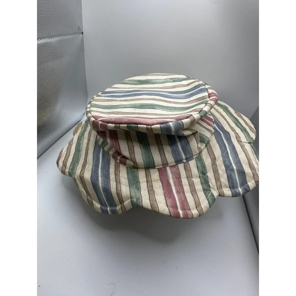Vintage Scalloped Brim Bucket Hat Multi Color Striped Canvas Sun Hat Earth Tones